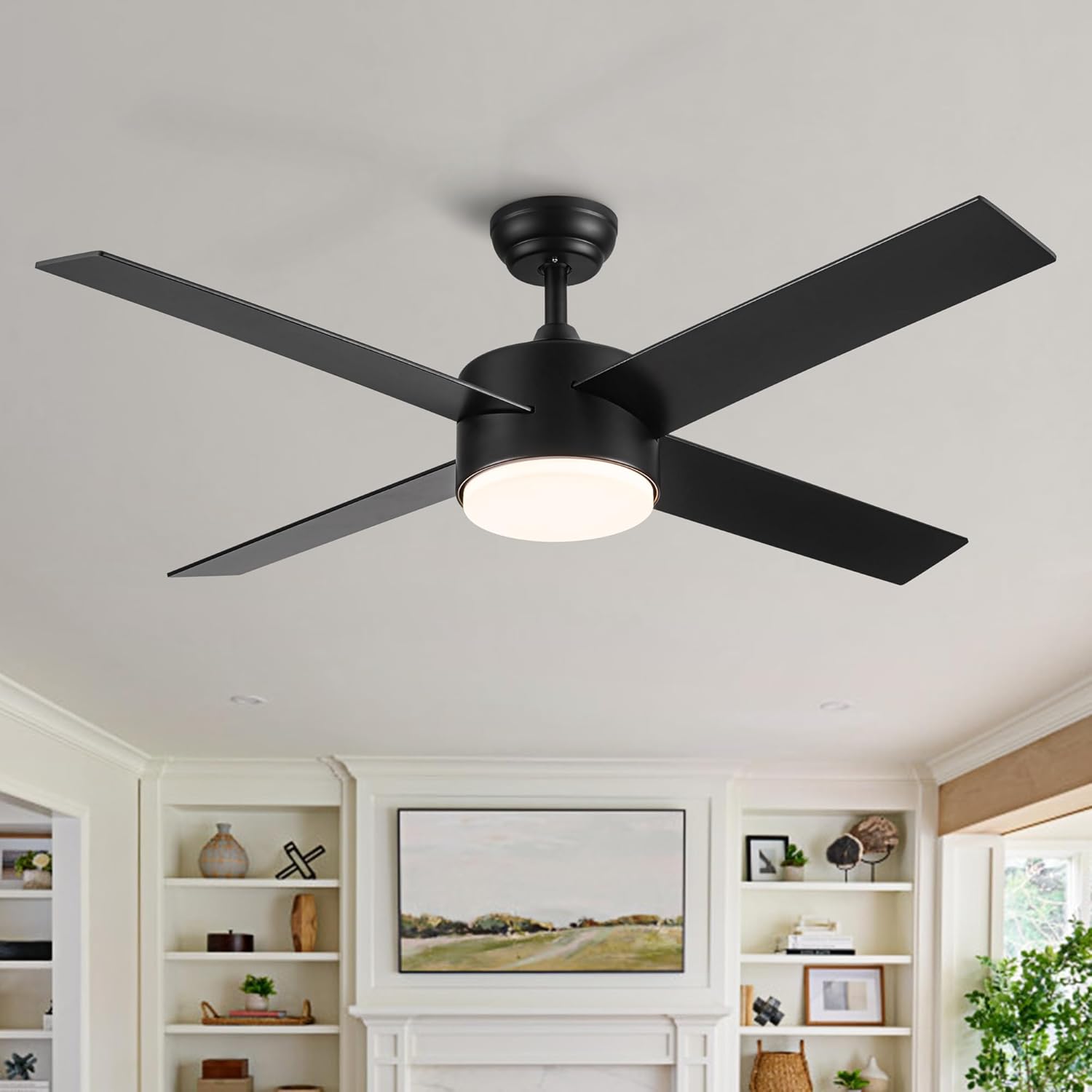 52" Integrated LED Light Matte Black Blade Ceiling Fan with Remote Control with 4 Blades, Modern Design, 6 Speeds