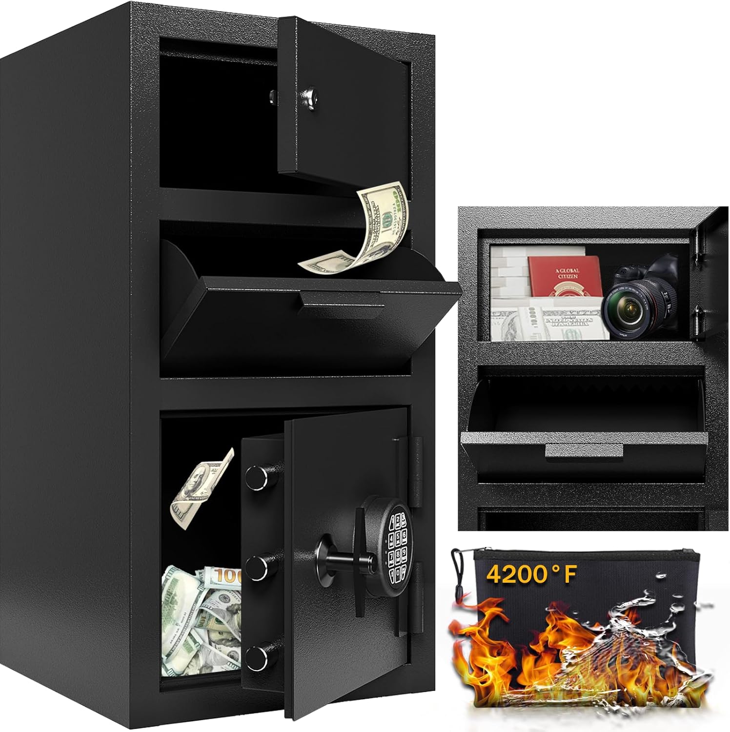 9.5 CUB Drop Safe Heavy Duty Dual Door Safe Box Fireproof Waterproof Money Safes Box withDigital Combination and Anti-Fishing & Free Fireproof Bag for Home Office Jewelry Documents