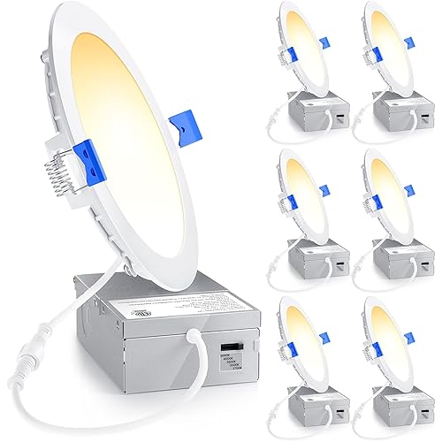 Ensenior 6 Pack 6 Inch Ultra-Thin LED Recessed Ceiling Light with Junction Box, 2700K/3000K/3500K/4000K/5000K Selectable, 12W 110W Eqv, Dimmable, 1050LM High Brightness - ETL and Energy Star Certified