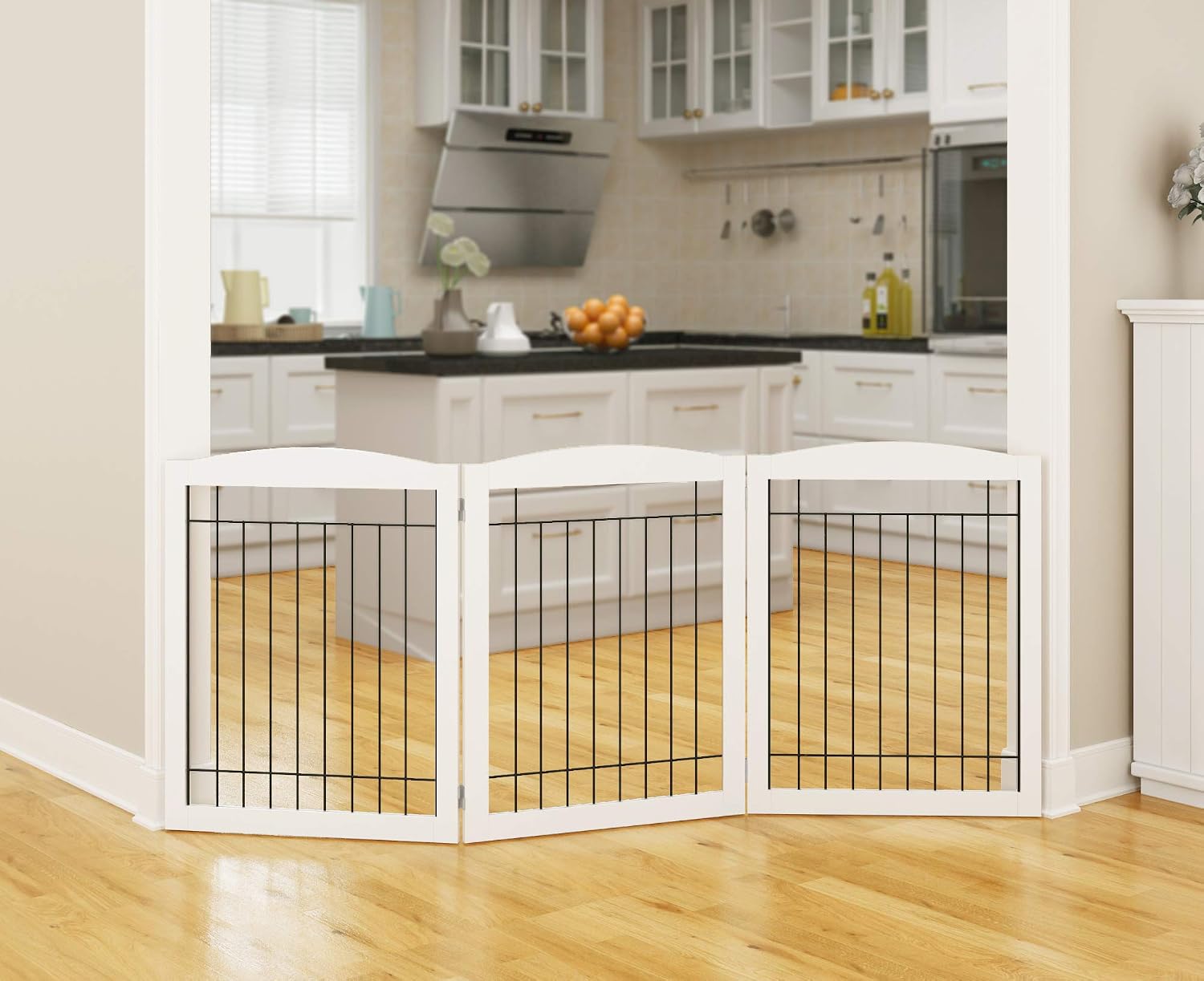 PAWLAND Wooden Freestanding Wire Pet Gate for Dogs, Step Over Fence, Dog Gate for The House, Doorway, Stairs, Extra Wide Tall Pet Safety…