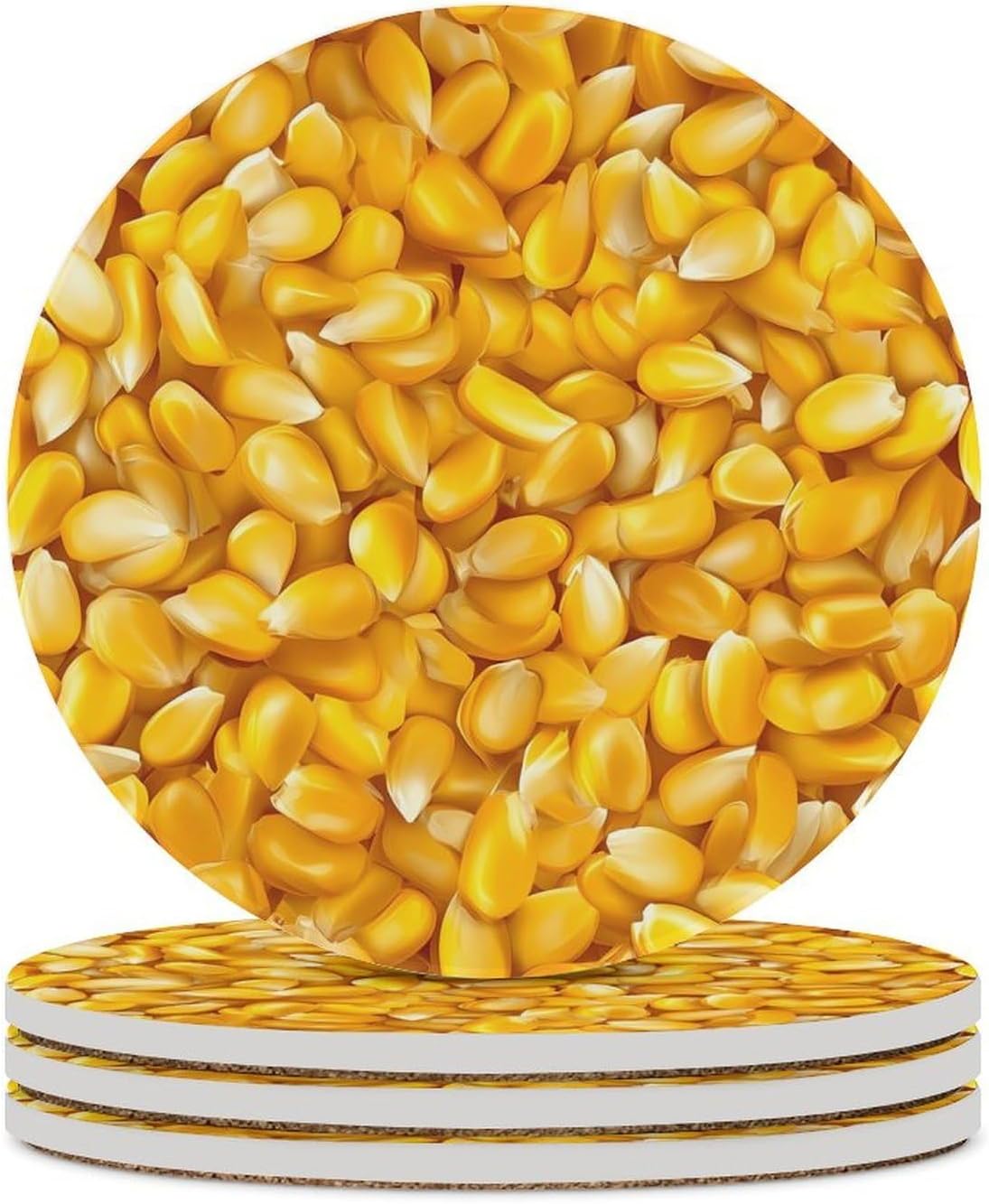 Corn Kernels Round Ceramic Coasters for Drinks Absorbent Cup Holder Tabletop Protector with Cork Base