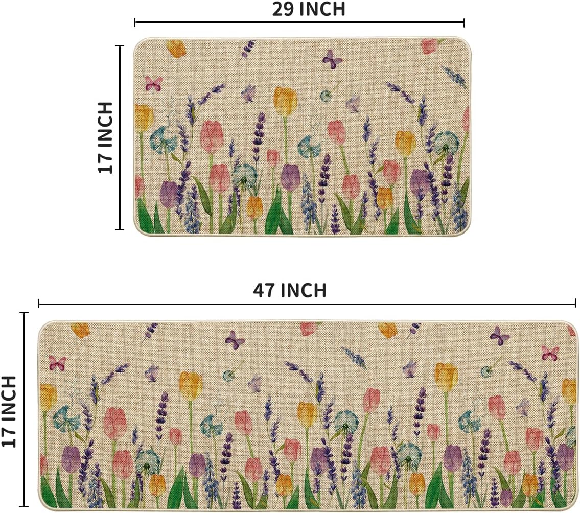 Artoid Mode Lavender Tulip Spring Kitchen Mats Set of 2, Seasonal Flower Summer Home Decor Low-Profile Kitchen Rugs for Floor - 17x29 and 17x47 Inch