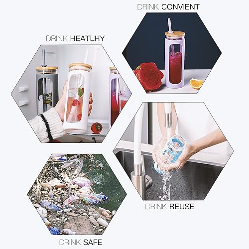 Miniatura 6 de Kodrine - Botella con popote para beber, capacidad de 20 onzas fluidas, con tapa de bambú, para café helado, reutilizable, boca ancha, para batidos,