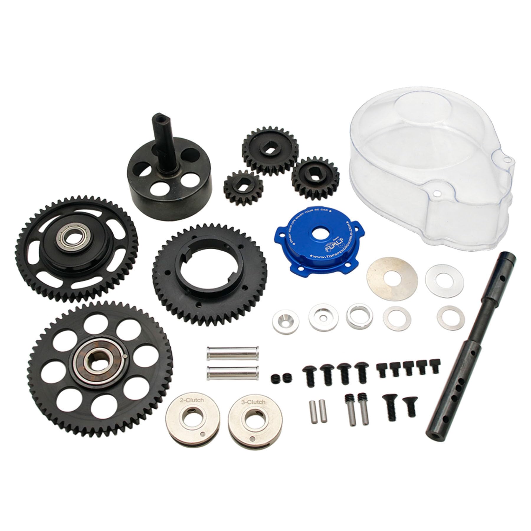 FLMLF Alloy 3 Speed Transmission Gear Plastic Transparent Cover Kit Blue for 1/5 HPI RV KM Baja 5B 5T 5SC Buggy Rc Car Parts