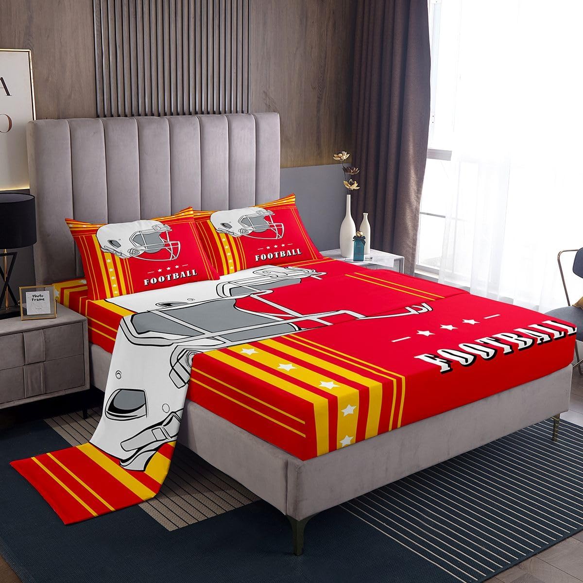 Erosebridal Gridiron Sheet Set Rugby Decor Sports Game Bed Sheets Set Twin, Boys Football Sheets Red Yellow White Stars Stripes Top Fitted Sheet 3Pcs