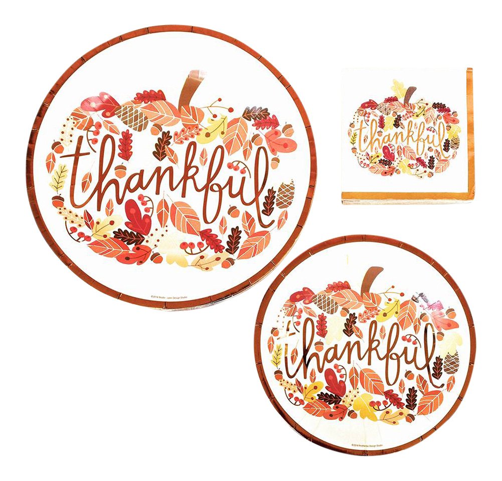 Thankful Thanksgiving Dinnerware Bundle - 3 Items: Dinner Plates, Dessert Plates, Beverage Napkins