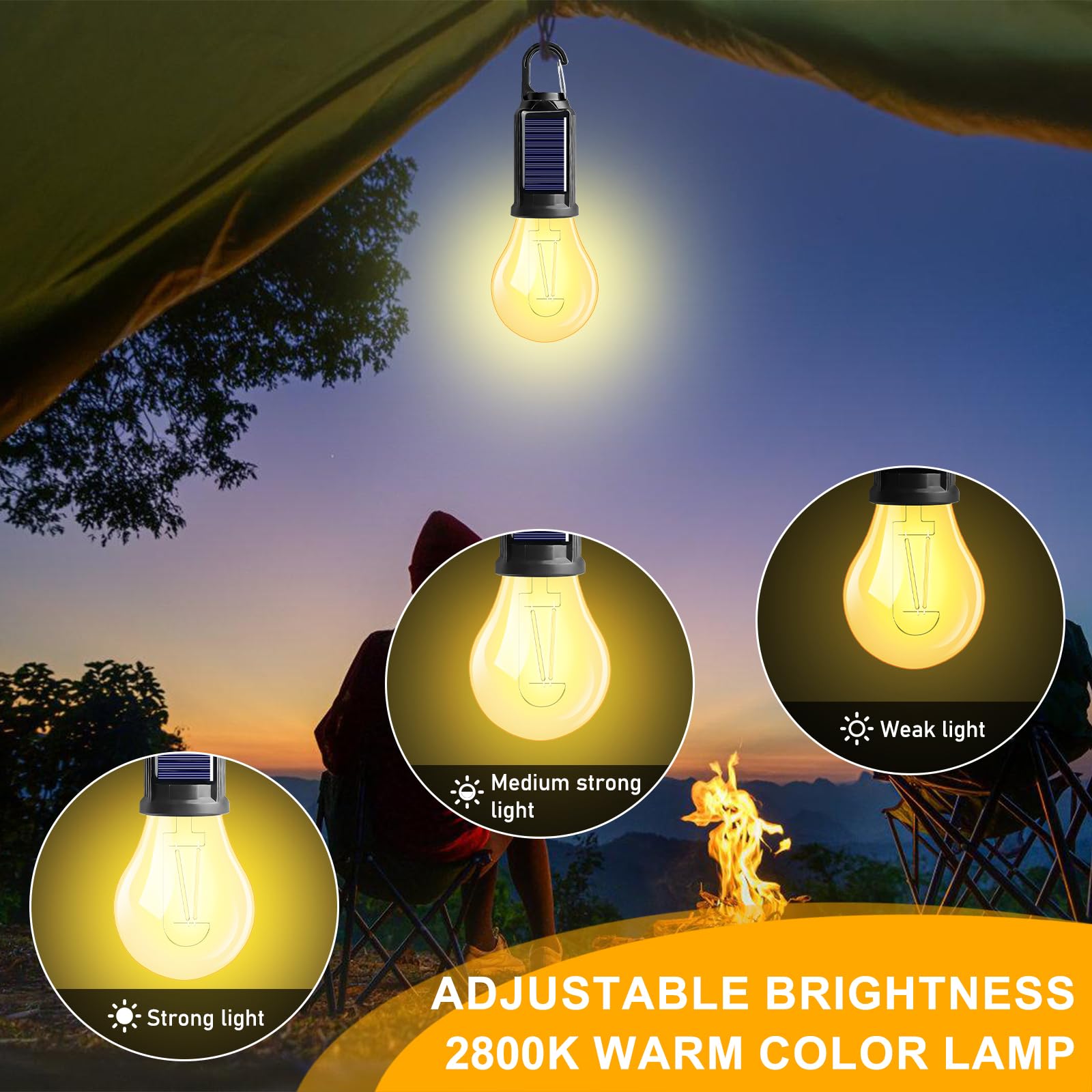 Lampada da campeggio ricaricabile, 5 pezzi LED da campeggio a energia solare, luci da campeggio ricaricabile, lampada da campeggio con moschettone, set di lampadine da campeggio, luminosità regolabile