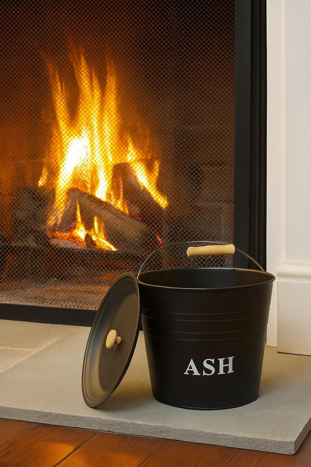 Eyesome Black 12L Metal Ash Bucket With Lid Easy To Carry Sturdy Wooden Handle Metal For Hot Ash Coal Logs Chunks Pellets Wood Fireplaces Fire Pits Galvanised For Indoor Outdoor Bbq