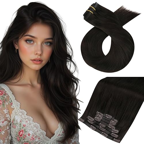 Moresoo Extensiones de cabello humano con clip, sin costuras, color marrón, extensiones de cabello humano con clip, de trama de poliuretano, color