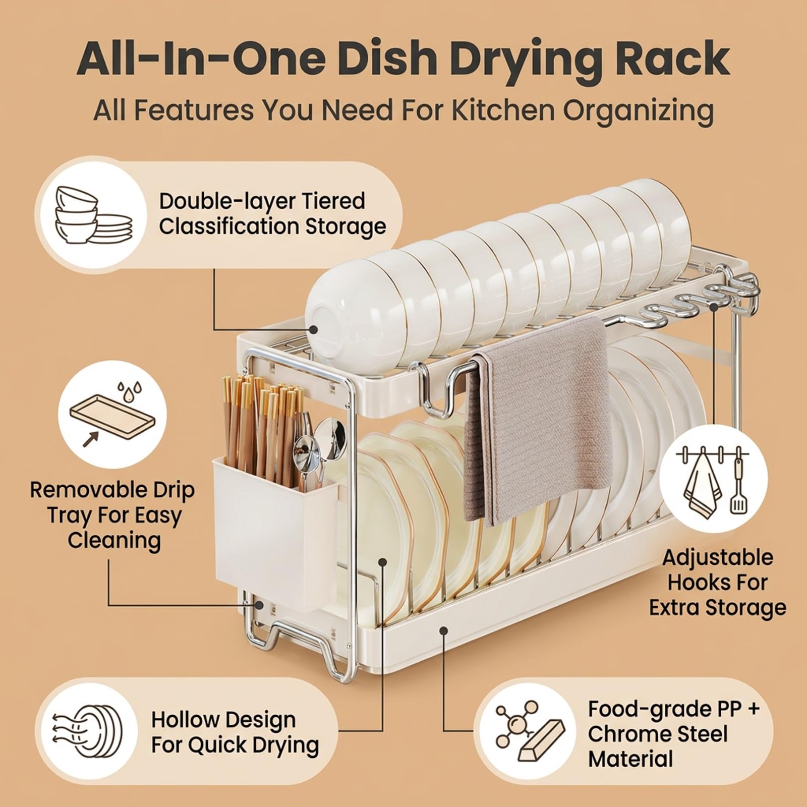 Escurridor de Platos de 2 Niveles para Encimera de Cocina con Bandeja | Acero Inoxidable, Diseño de 2 Niveles, Bandeja de Goteo, Organizador Compacto(37cm/14.5in)
