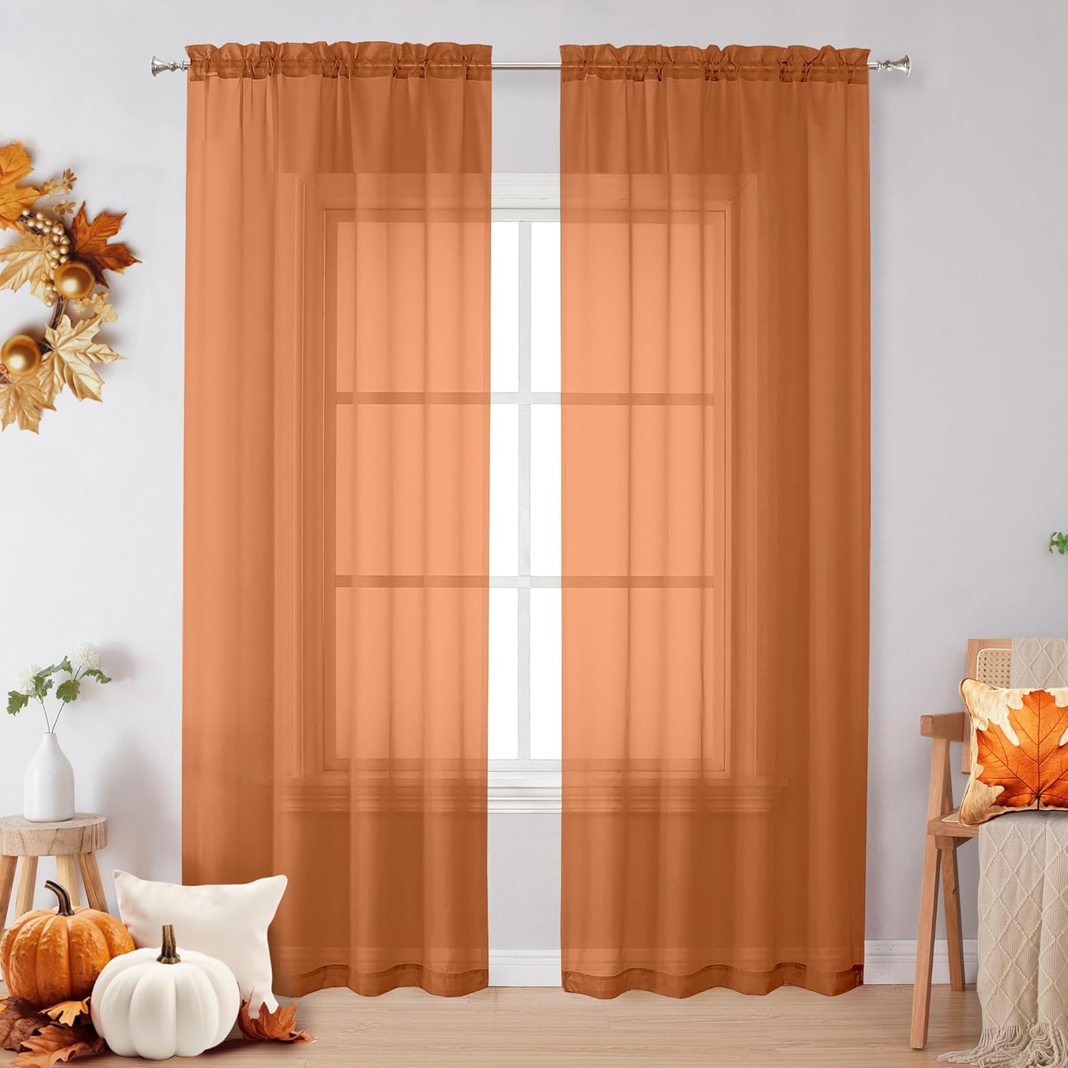 OVZME Sheer Orange Curtains 84 inch Length 2 Panels Set, Airy Soft-Touching Rod Pocket Voile Drapes for Living Room/Bedroom, Each 42" W x 84" L Orange 42"W x 84"L (Pack of 2)