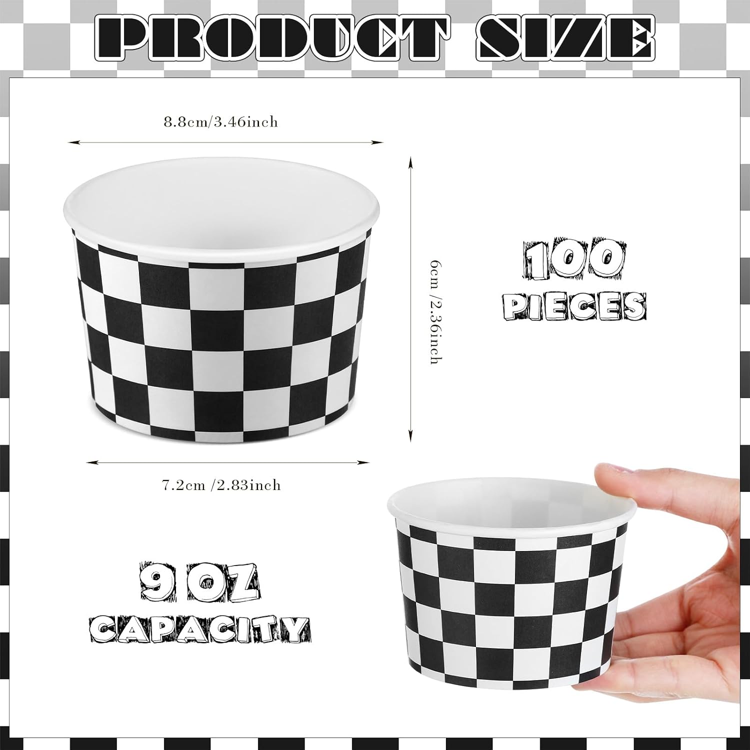 Bokon 100 Pcs Black and White Checkered Paper Ice Cream Cups 9 oz Disposable Dessert Bowls Snack Soup Cups for Boys Men Birthday Baby Shower Race Fans Party Decorations Racing Car Party Supplies