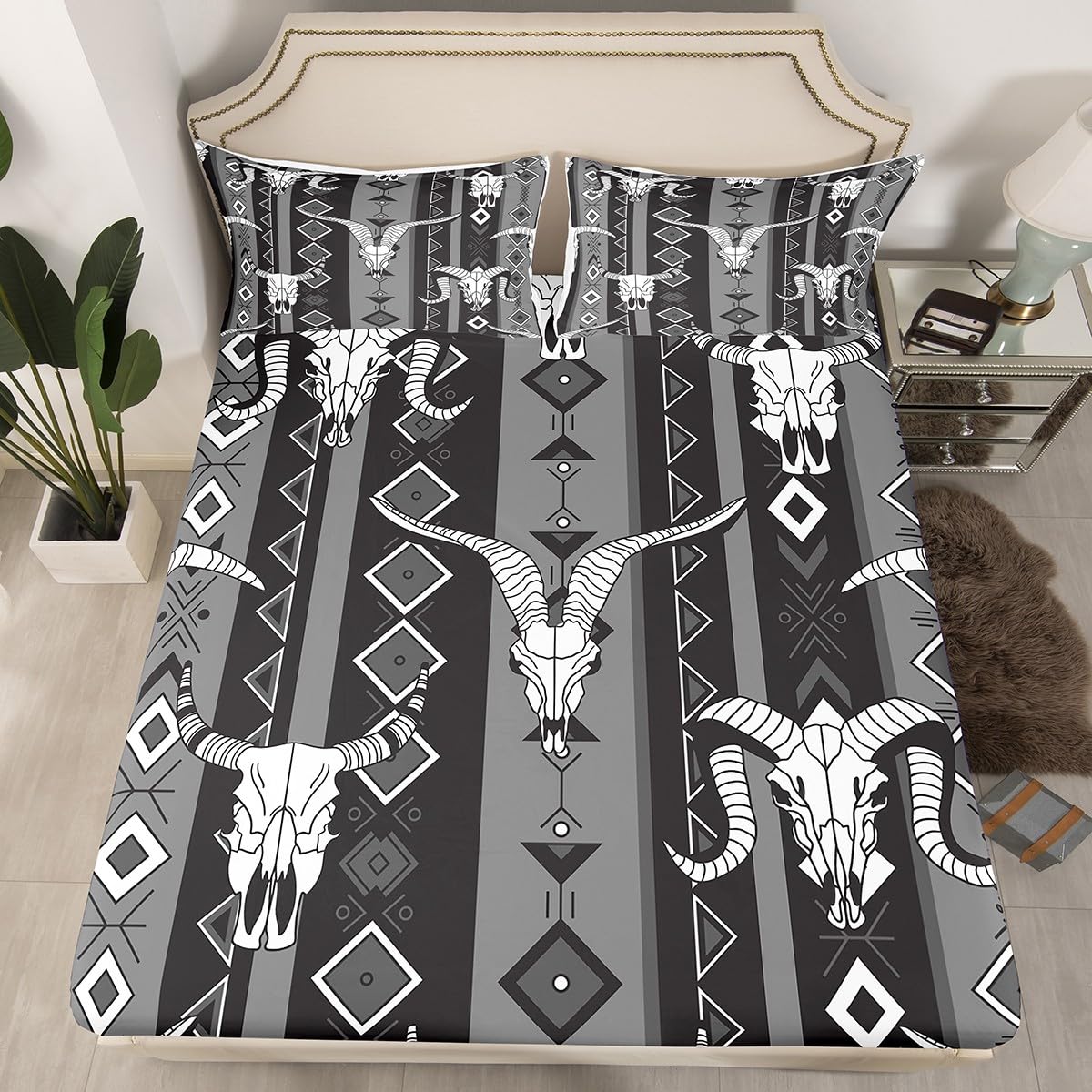 Western Boho Bed Sheets Queen Bull Skull Cowboy Fitted Sheet Black White Grey Southwestern Aztec Sheet Set for Teen Boys Men Ethnic Tribal Geometric Diamond Southwest Flat Sheet 2 Pillow Cases