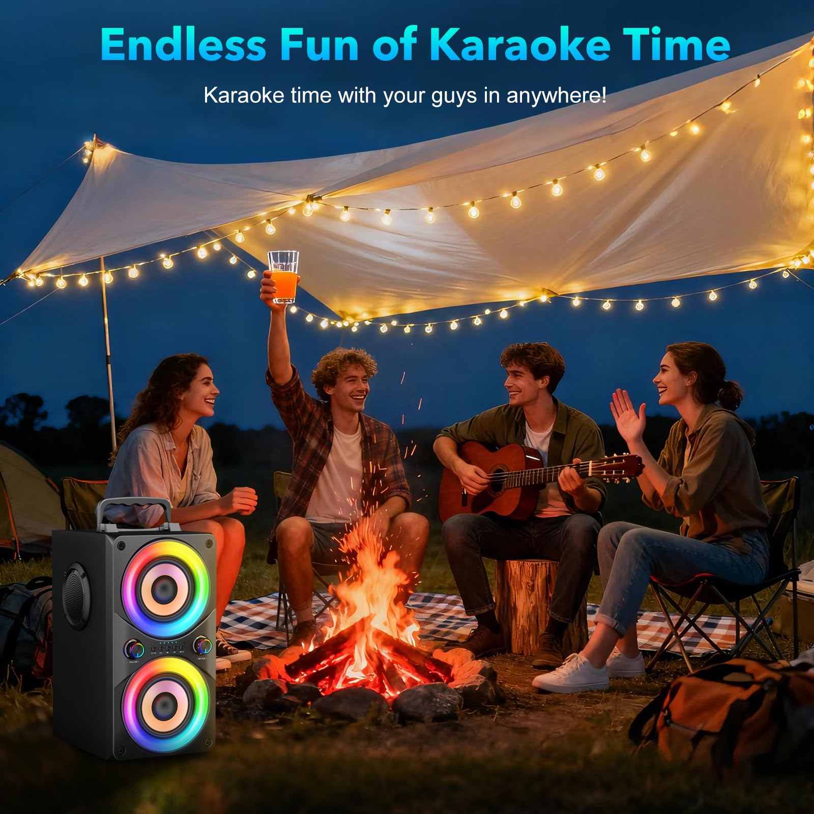 100W Tragbarer Bluetooth-Lautsprecher mit Subwoofer & LED-Licht - Leistungsstarke Boombox mit kraftvollem Bass, Holzgehäuse und TWS für Outdoor-Party