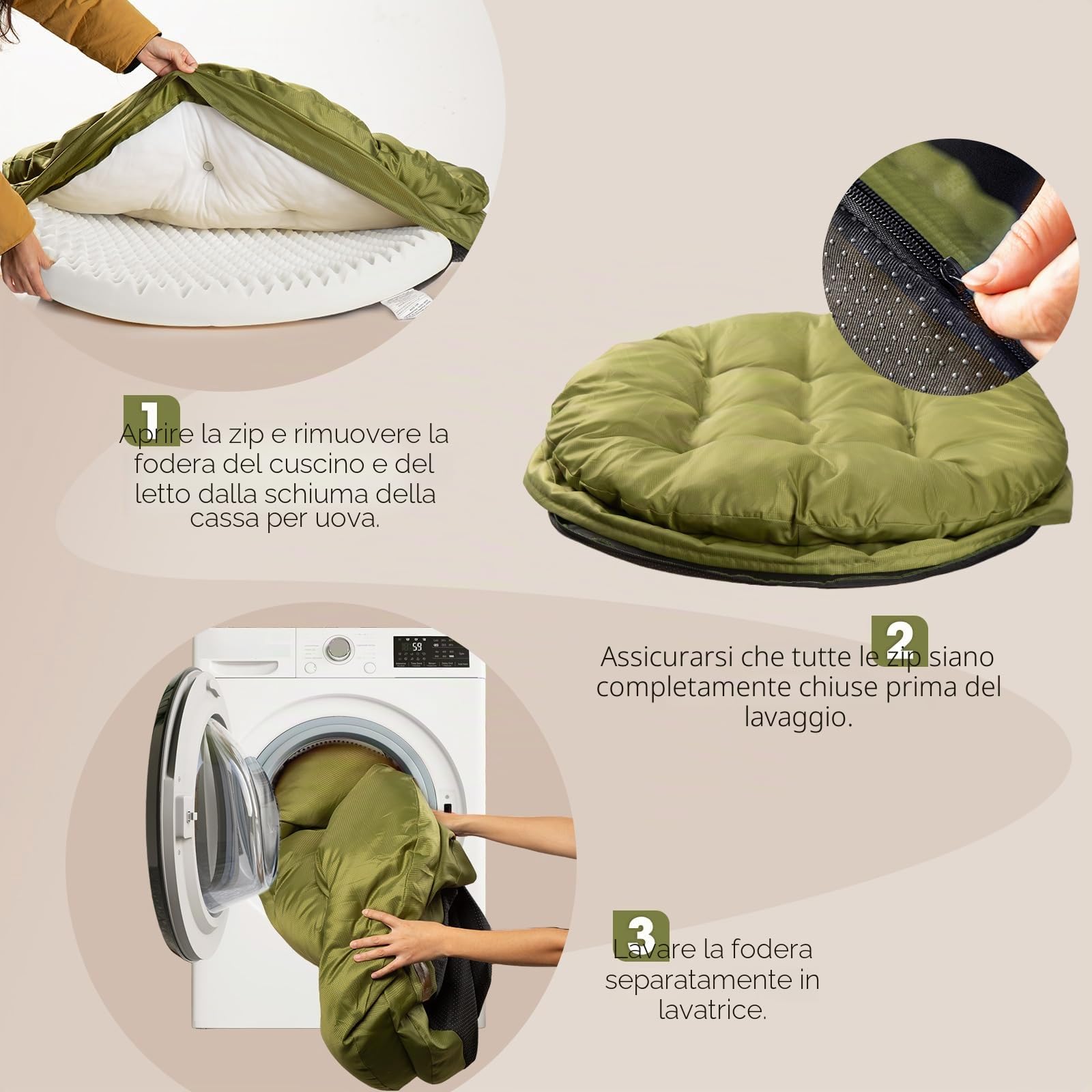 ClevaHome Cuccia Ortopedica per Cani, Letto Rotondo a Doppio Strato con Tessuto Idrorepellente, Fondo Antiscivolo e Copertura Lavabile in Lavatrice (Verde Oliva, L)