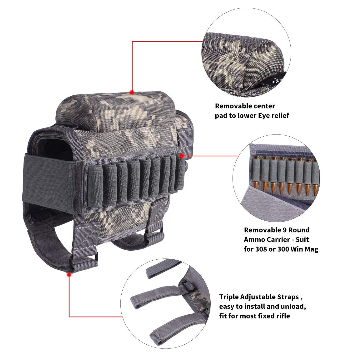 Tactical Gun Rifle Buttstock, Hunting Shooting Tactical Cheek Rest Pad Ammo Pouch with 7 Shells Holder Buttstock Cheek Rest Riser Cartridges Carrier Case Holder ?ACU?
