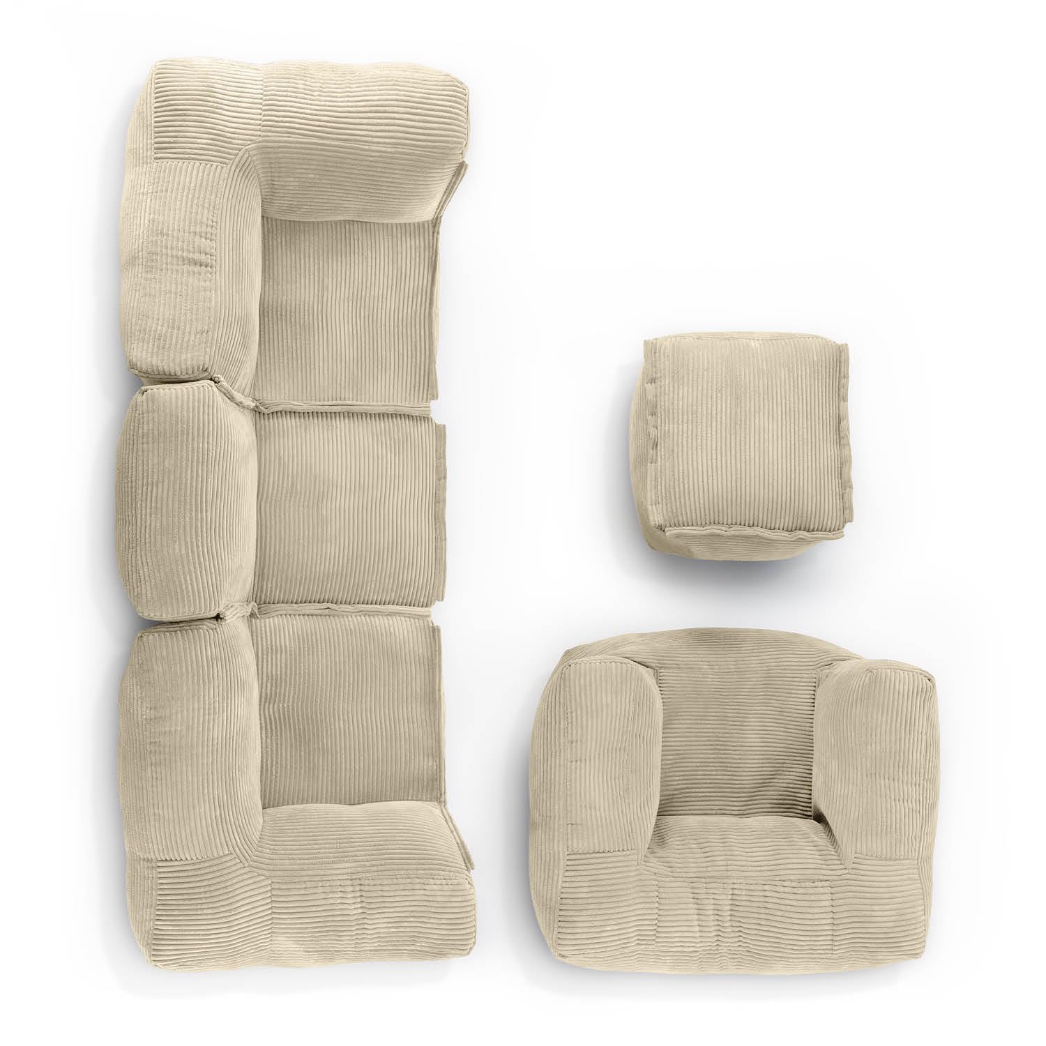 LUMALAND Ensemble modulaire basique en velours côtelé - Canapé avec fauteuil et pouf - 5 sacs d'intérieur avec rembourrage - Canapé modulaire avec perles EPS - Coussin d'assise XXL pour salon, chambre