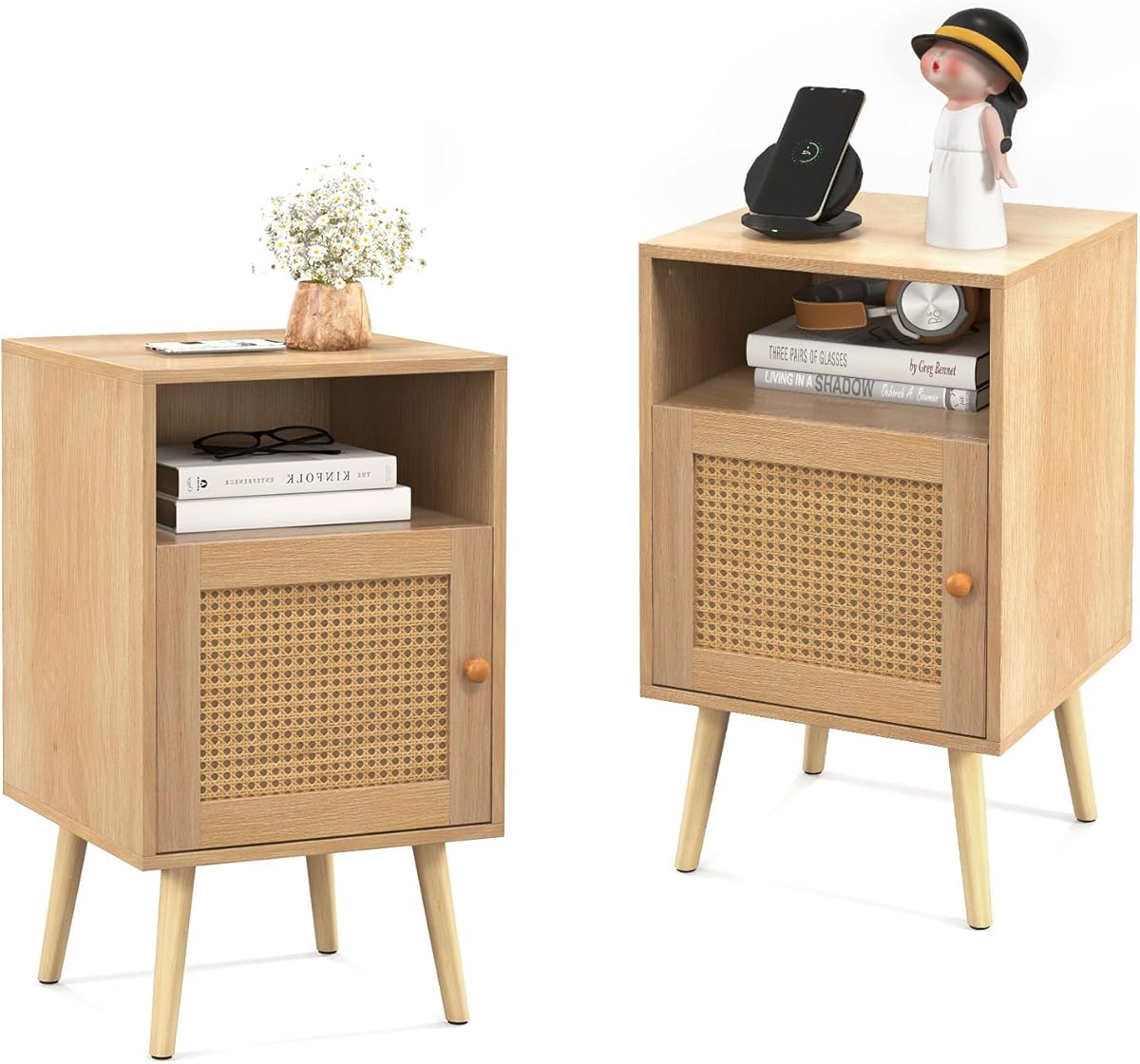 COSTWAY Bedside Table, Solid Wood Legs Nightstand End Sofa Side Table with Rattan Door and Storage Shelf, Bedside Cabinet Accent Tea Tables for Living Room Bedroom, 40x39x70cm (2, Natural)