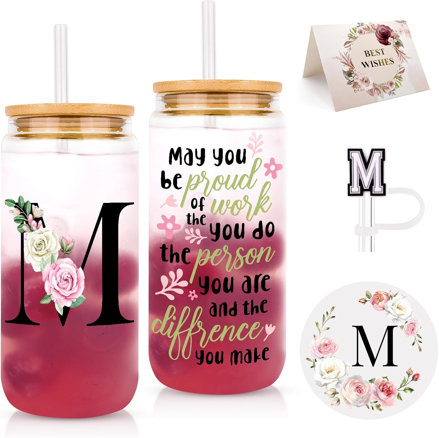 Initial Glass Cups with Lids and Straws, Personalized Gifts for Women, Iced Coffee Cup Glass Tumbler, Birthday Bridesmaid Proposal Inspirational Customized Gifts for Her Girls (M)