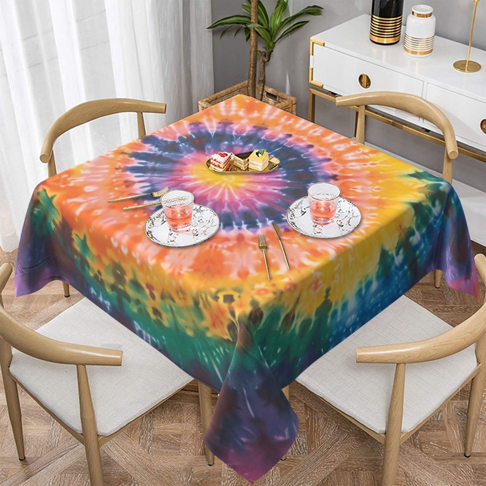 WPKJU Tie Dye Printed Square Tablecloth 60x60 inch Water Resistant Table Cover Washable Rectangle Table Cloth for Dining Tables