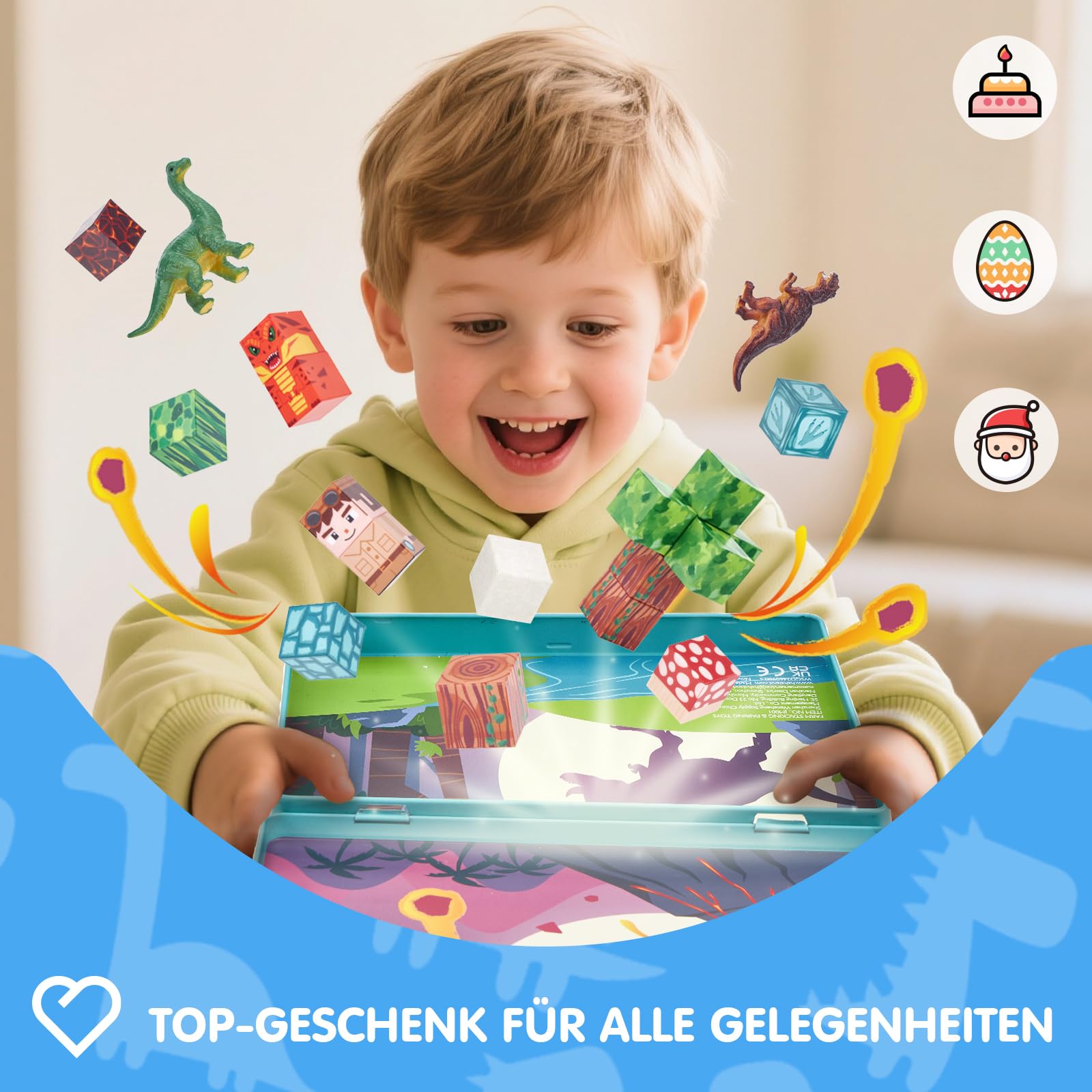 hahaland Mini Magnetische Bausteine ab 3 Jahre, A5 Reiseset mit 48 Magnetic Building Blocks & 2 Dino-Figuren, STEM Montessori Spielzeug ab 3-5 für Auto Unterwegs, Magnetbausteine ab 3 Jahre Geschenke