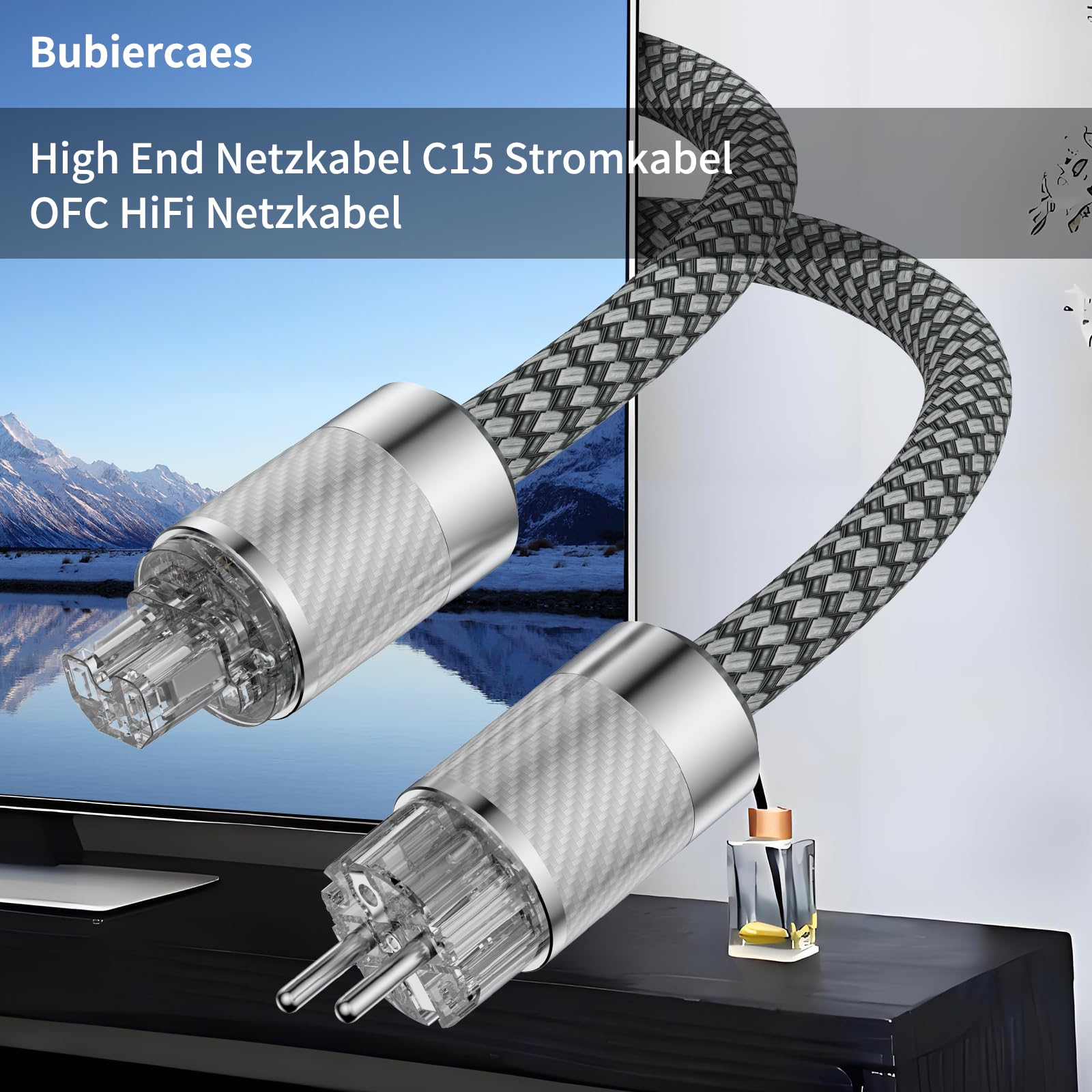 High End Netzkabel, HiFi Stromkabel, 2 polig OFC AC Audiophil Kaltgerätekabel, EU Schuko+IEC C15 Buchsestecker für DVD/Verstärker/Decoder/Subwoofer/AMP-2M
