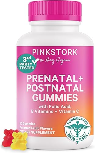Pink Stork Fertilidad + vitaminas prenatales + gomosas posnatales Apoyo completo para el viaje de la maternidad Multivitamínico con folato,