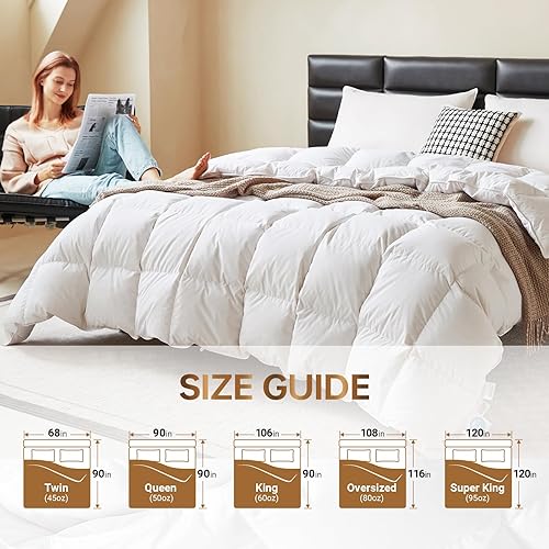 Miniatura 6 de C&W Edredón de plumón de ganso tamaño Queen para invierno, funda de algodón suave de 750 rellenos de la colección de hotel, relleno de 50 onzas,