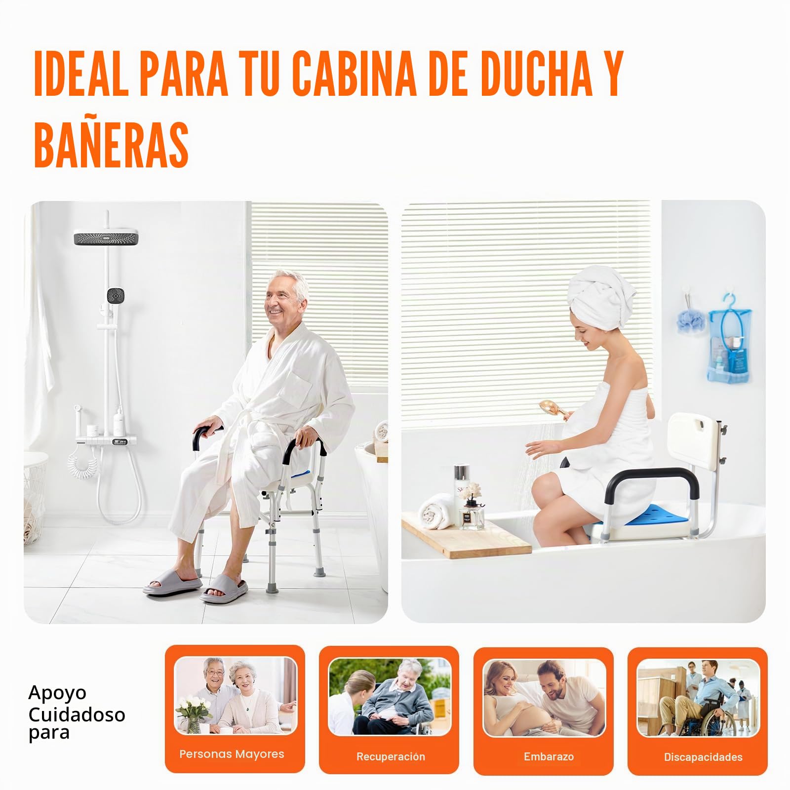 VEVOR Silla de Ducha Antideslizante Asiento de Ducha Carga de 181,4 kg con Barra Transversal Silla de Baño Altura Ajustable para Bañera de Ducha Interior para Ancianos, Mujeres Embarazadas, Azul