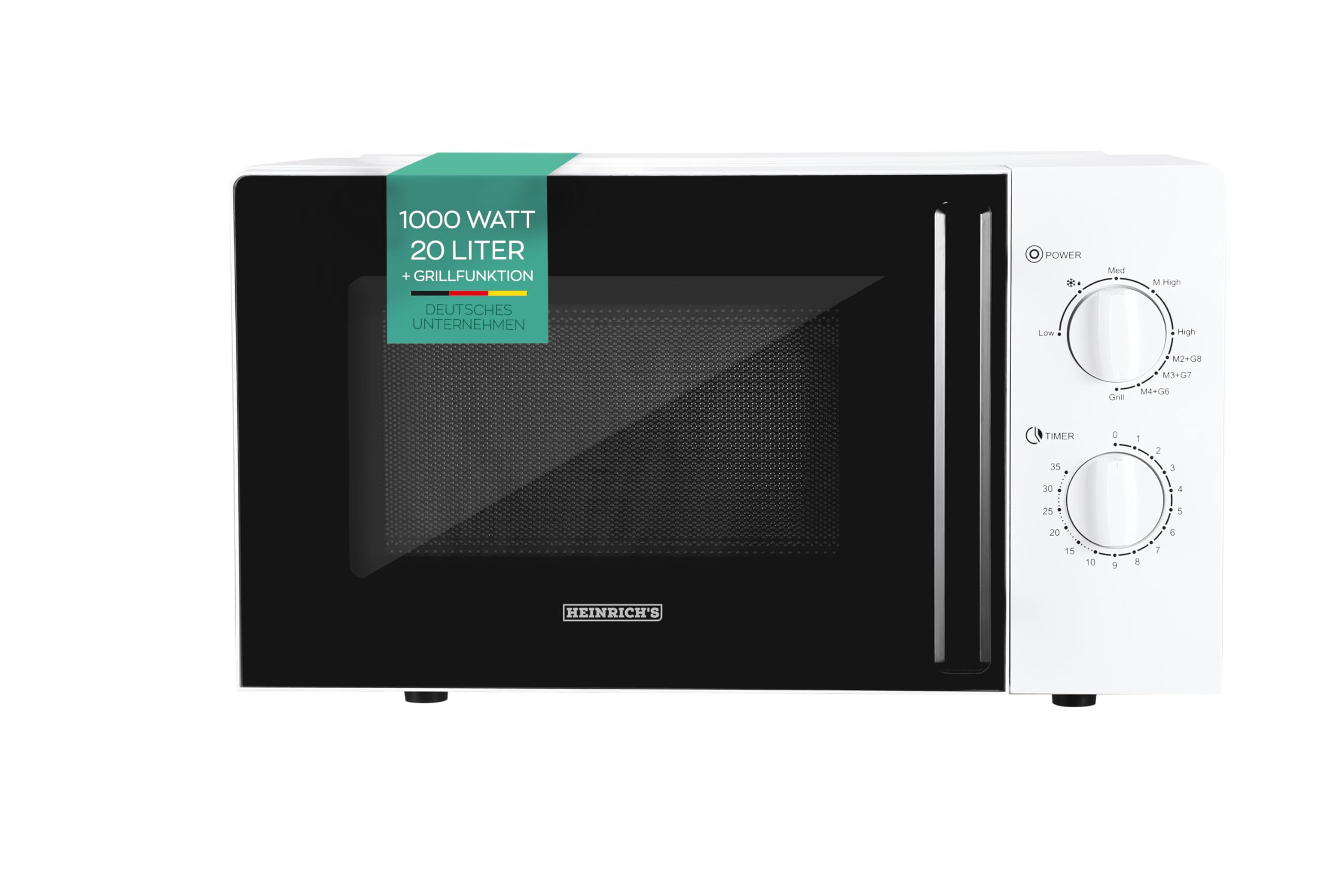 HEINRICHS Mikrowelle, kompakte Mikrowelle, 20L Volumen, 9 Leistungsstufen, inkl.35min.Timer, Defrost Funktion, Innenraumbeleuchtung, 360°Drehteller, mit Grillfunktion,1000W Leistung, Heinrich´s(weiß)