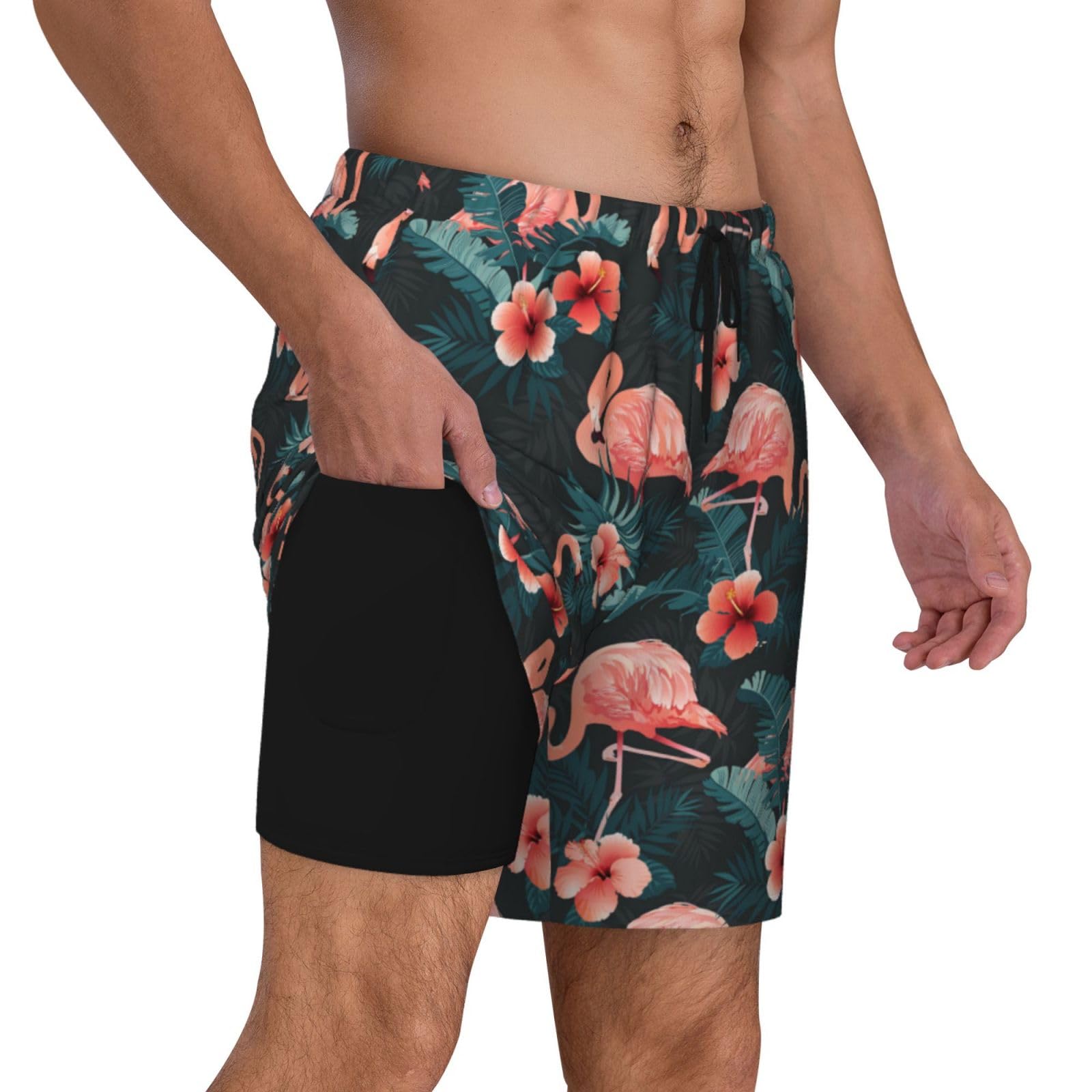 Wosabee Mens Swim Trunks with Compression Liner Quick Dry Men's Swimming Shorts Beach Board Shorts Swimwear Bathing Suits, Flamingo Flower, L