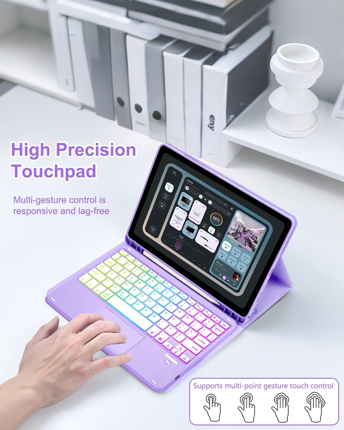 Touchpad Keyboard Case for Samsung Galaxy Tab A11 Plus/A9 Plus 2025/2023 11 inch, 7-Color Backlight Type-C Charging Keyboard with Pencil Holder Cover Fit Tablet A11+/A9+ (Purple)
