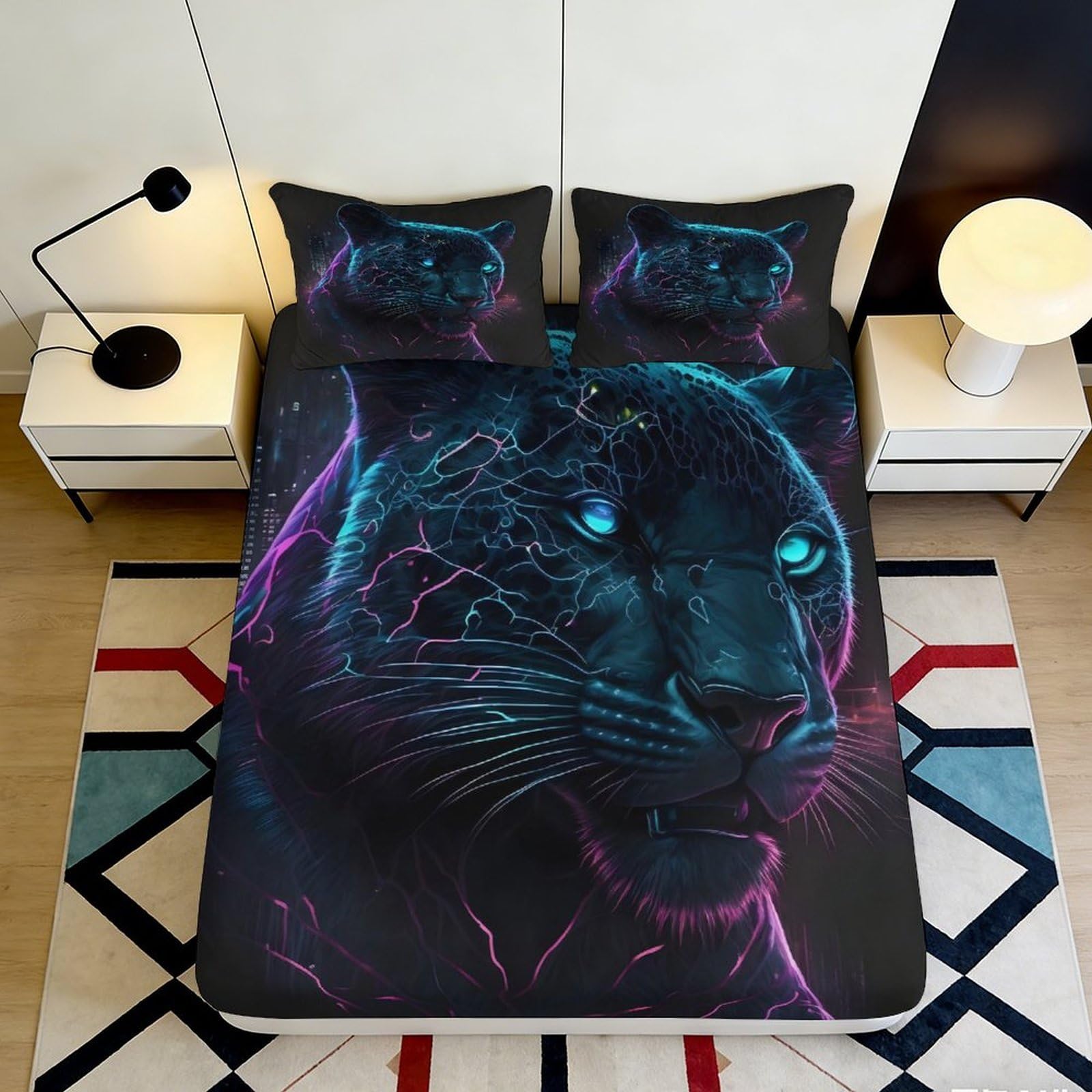 3D Printed Neon Panther Fitted Sheet Microfiber Black Blue Lightning Bed Cover for Bedroom Dorm Mattress Protection Decor 90x200x25cm