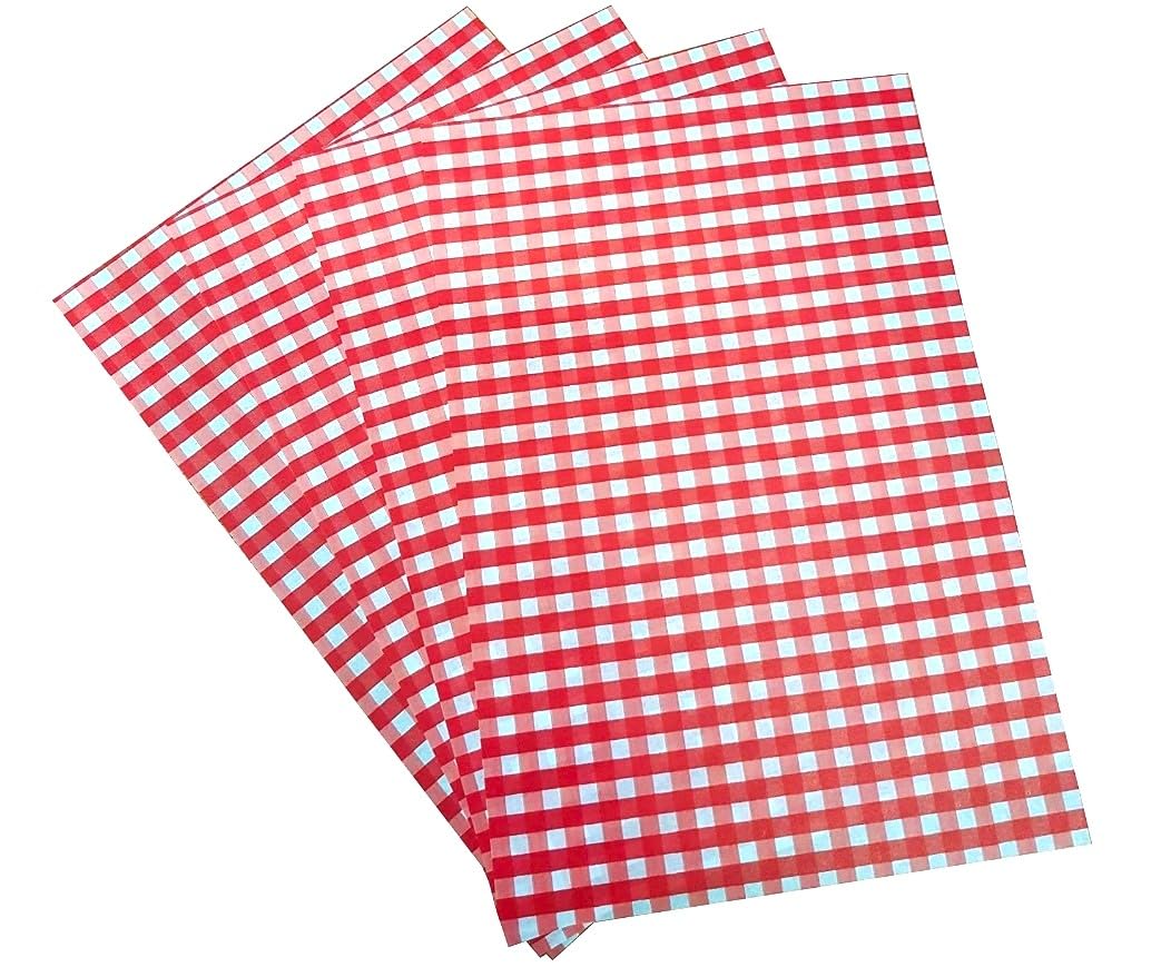50 x RED Gingham Greaseproof Paper Sheets - 250mm x 320mm | Food-Safe Wrapping Paper for Deli, Bakery, Sandwiches, Snacks, Basket Liners and Display Trays