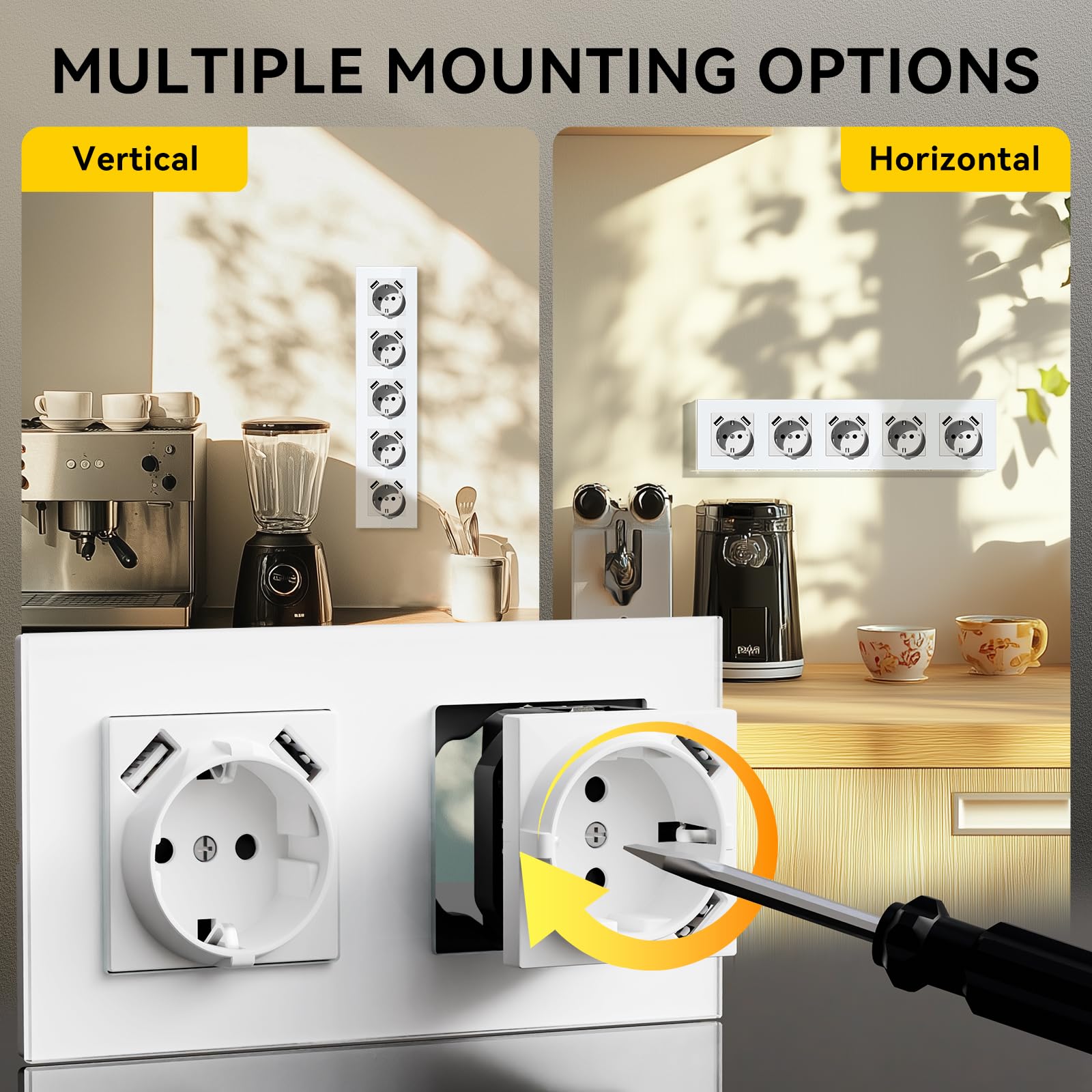 gniazdo Schuko z USB-A podtynkowe 86 * 370mm, gniazdo EU 16A z ramką ze szkła, 2 USB typu F z uziemieniem, łatwa instalacja (zaczepy składane), 5-funkcyjne białe