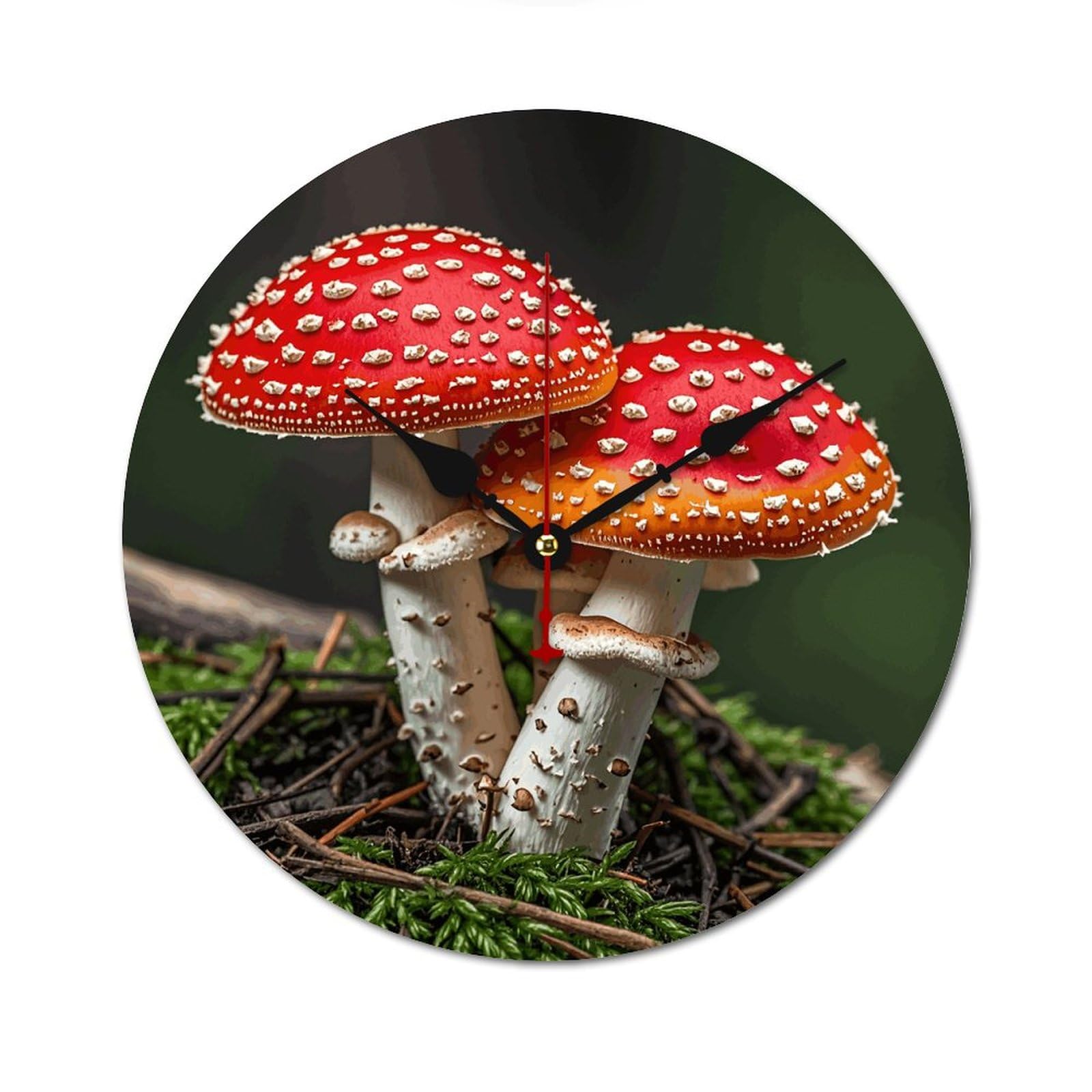 Horloge murale en bois motif champignons rouges de 24 cm pour décoration de chambre et bureau