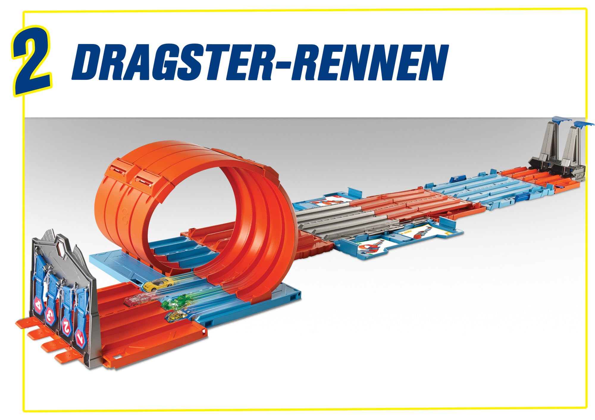 Hot Wheels Bahn Track Builder, Rennkiste (3 Stunts in 1 Set) zum Bauen von Autorennbahnen für Hot Wheels Autos, inkl. 2 Spielzeugautos, Auto Spielzeug, Spielzeug ab 6 Jahre, GKT87