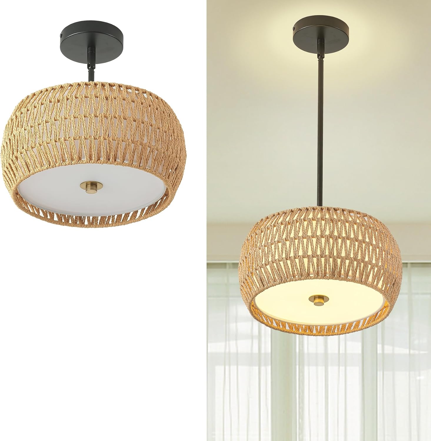 Rattan Pendant Light Kitchen Island,12.8 Hand-woven Modern Semi Flush Mount Ceiling Light Fixture,Boho Woven Lamp Shade Chandelier,Adjustable Farmhouse Hanging Light for Bedroom Bar Hallway