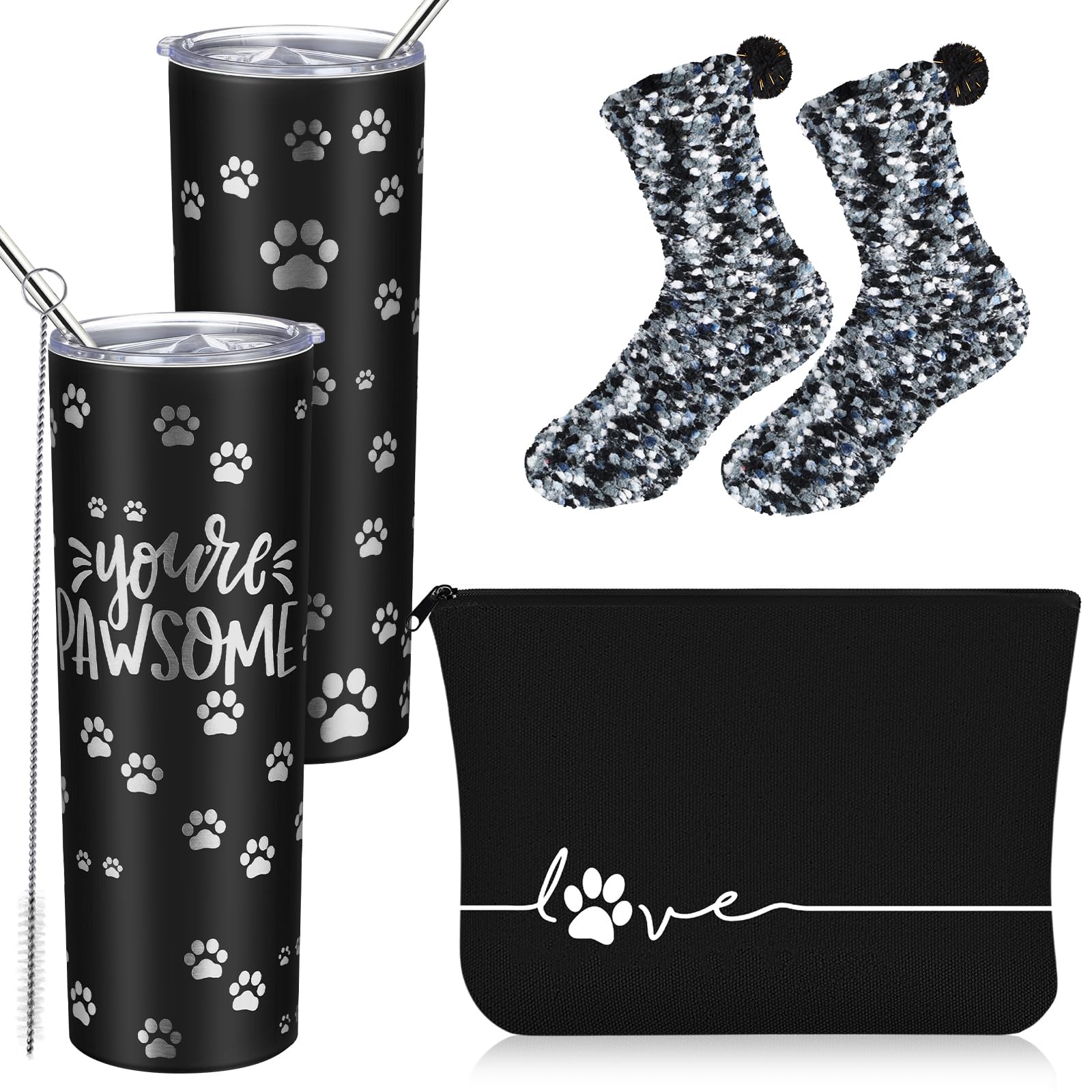 Sieral 3 Pcs Vet Receptionist Week Gifts 20 oz Paw Print Tumbler with Lid Fuzzy Socks and Makeup Bag Appreciation Gifts for Women Veterinary