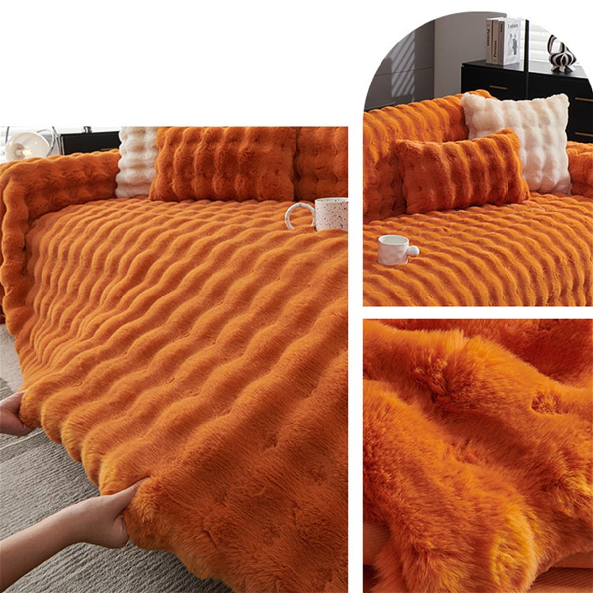 Highdi Peluche Housse de Canapé Serviette de Canapé Décoration Moderne, Housse de lit, Sofa Cover Antidérapante Anti Griffe pour Convient aux Chiens Chats (Orange,180x420cm)