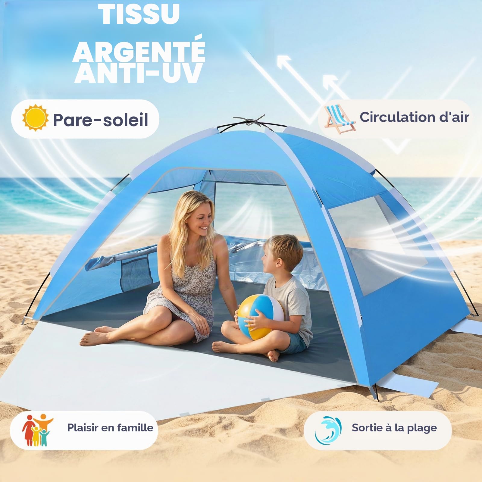 Chihee Abris de Plage Tente Solaire pour 2-3 Personnes avec Protection UV Tissu Enduit d'argent Maille Respirante Sacs de Sable supplémentaires,Léger Installation Facile Portable Auvent de Plage