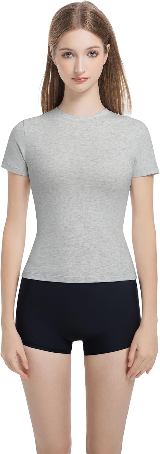 Women’s Slim Fitted Crew Neck T-Shirt Stretchy Cotton Y2K Short Sleeve Tees for Workout Basic Tees Going Out Tops