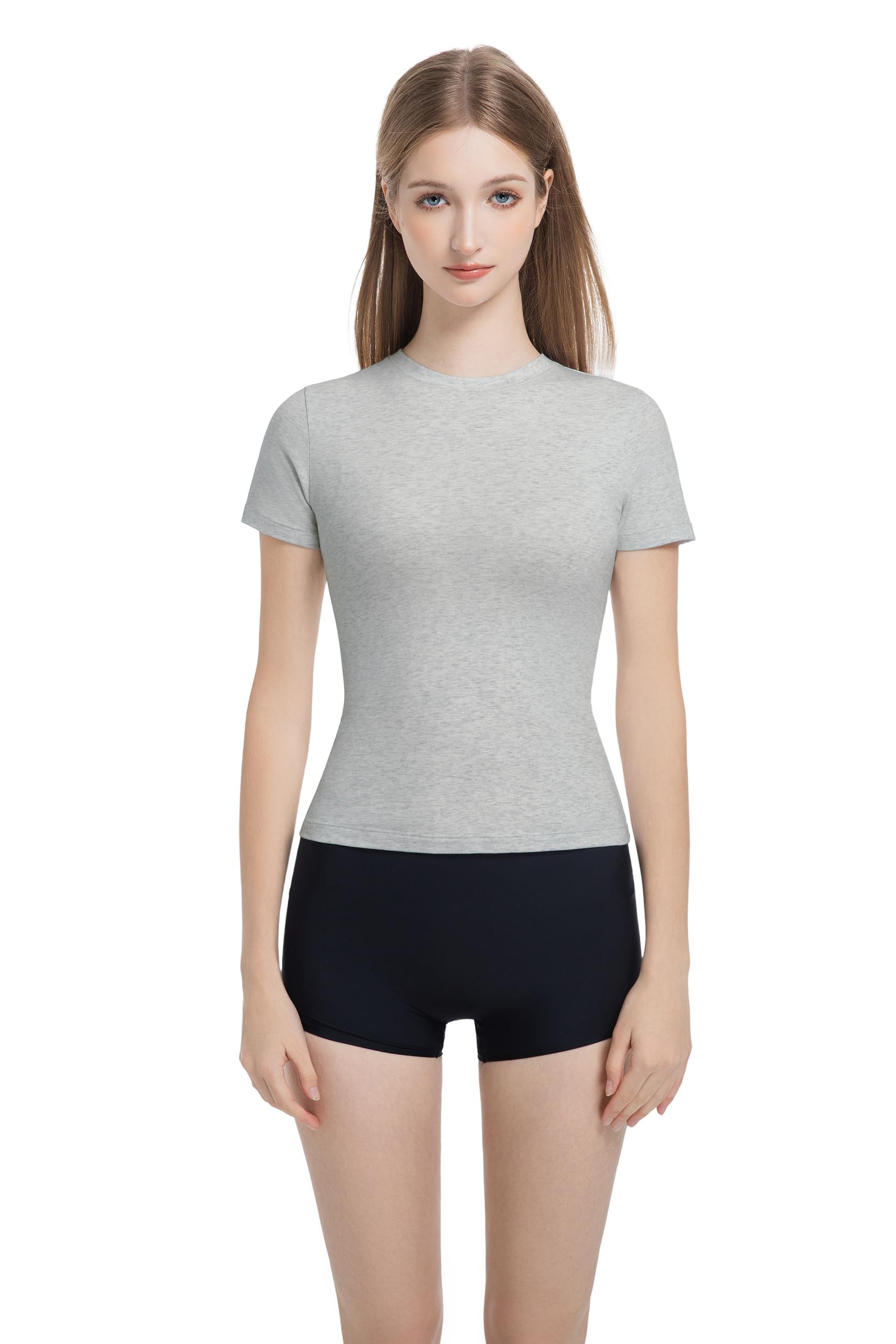Gemonklee Women’s Fitted Crew Neck T-Shirt Stretchy Cotton Y2K Short Sleeve Tees for Workout Basic Tees Going Out Tops Grey