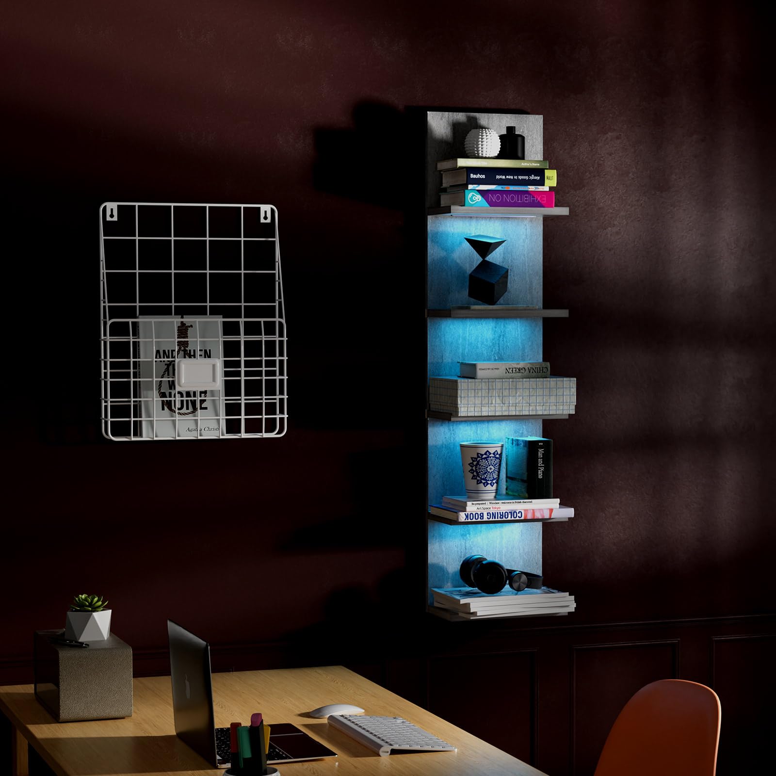 VIWODS Estantería de pared de 5 niveles con luz RGB, estante flotante para almacenamiento de pared, estante vertical montado en la pared con control remoto para dormitorio, sala de estar, tocador