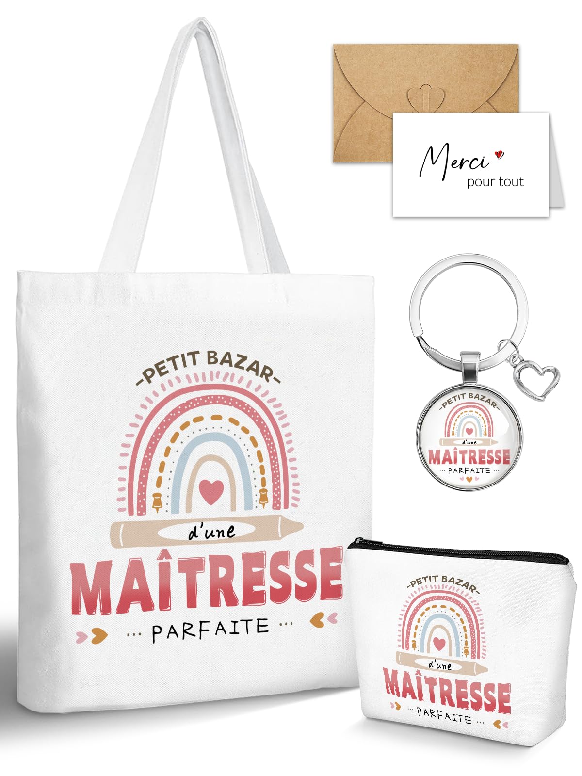 Cadeau Maitresse D'école, Cadeaux Maitresse Sac Tote Bag, Porte Clés et Carte de Remerciement, Merci Cadeau Maitre D'école Fin D'année