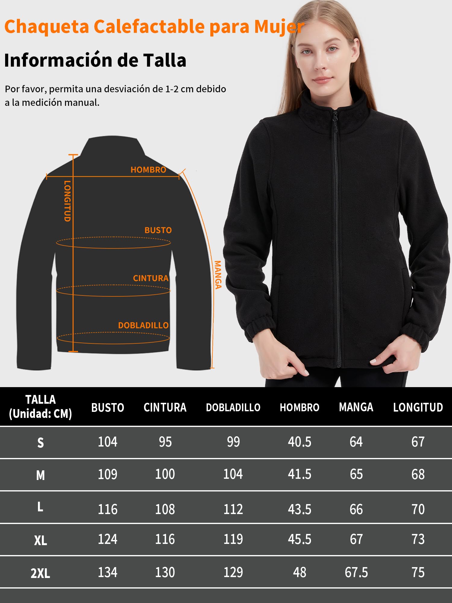 Chaqueta Calefactable Mujer con Bateria 18400 mAh, Chaqueta Termica Mujer, Polar Abrigo Cazadora Ropa Calefactables Chaquetas con Calefaccion Invierno, 10 Zonas de Calentamiento