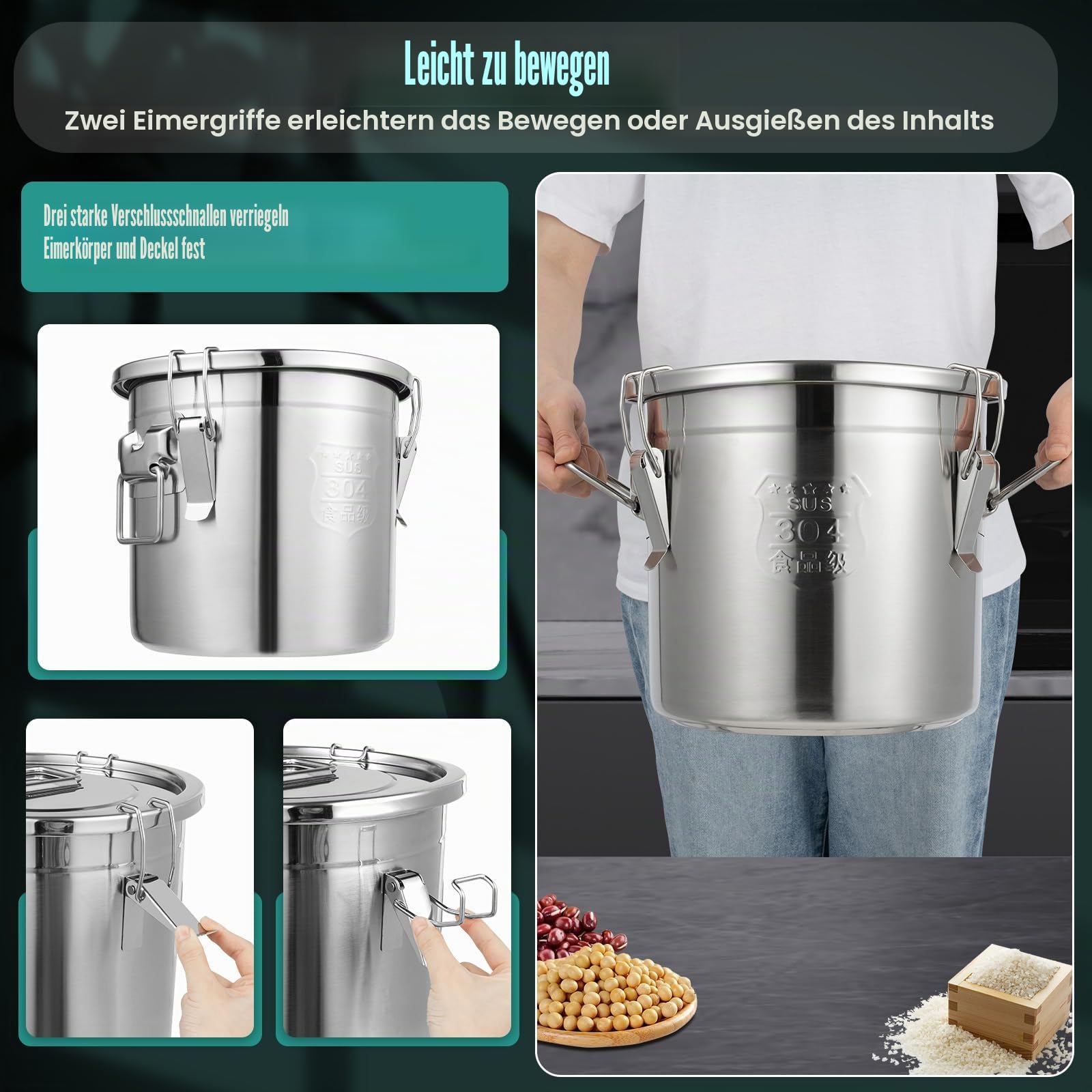 304 Edelstahl Luftdichte Vorratsdose mit Deckel, 3/4-Punkt Verschluss für Reis, Mehl, Getreide & Trockenvorräte – Küche & Speisekammer Aufbewahrung (12, Liter)