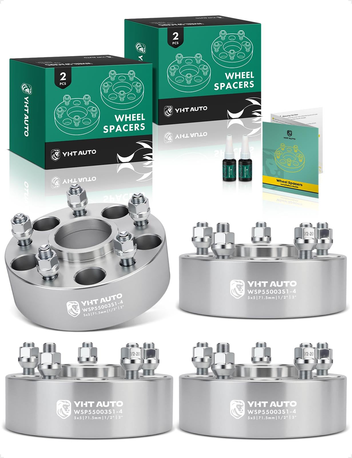 YHTAUTO 5x5 Hub Centric Wheel Spacers 2 Inch Fits 1999-2018 XK WJ WK JK JK JL Jeep Grand Cherokee Wrangler Commander 5x127mm Tire Spacers w/1/2-20 & 12.9 Grade Studs 71.5mm Hub Bore 5 Lug 4PCS Silver