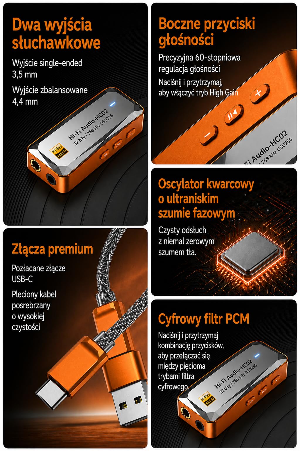 USB C DAC wzmacniacz słuchawkowy, CS43198 HiFi dongle DAC z wyjściem 3,5 mm i 4,4 mm, przenośny DAC AMP, DSD256 32bit/768kHz do IEM, słuchawek, laptopa i PC,pomarańczowy | USB C DAC z CS43198, Hi-Res, 3,5 mm i 4,4 mm
