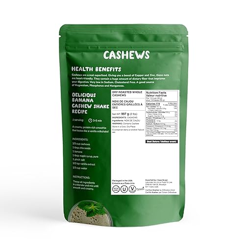 Miniatura 2 de Anacardos enteros tostados en seco, 2 libras, sin sal, anacardos tostados al horno, sin aceite añadido, kosher, vegano, a granel. Textura crujiente.